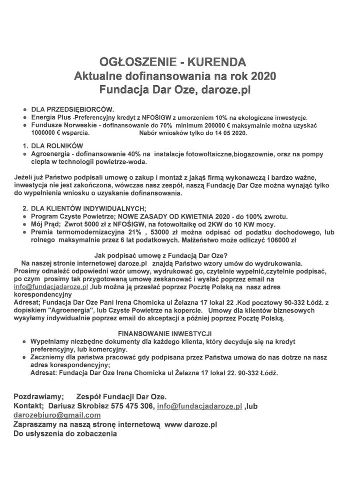 Miniaturka artykułu Aktualne dofinansowanie na rok 2020 Fundacja Dar Oze