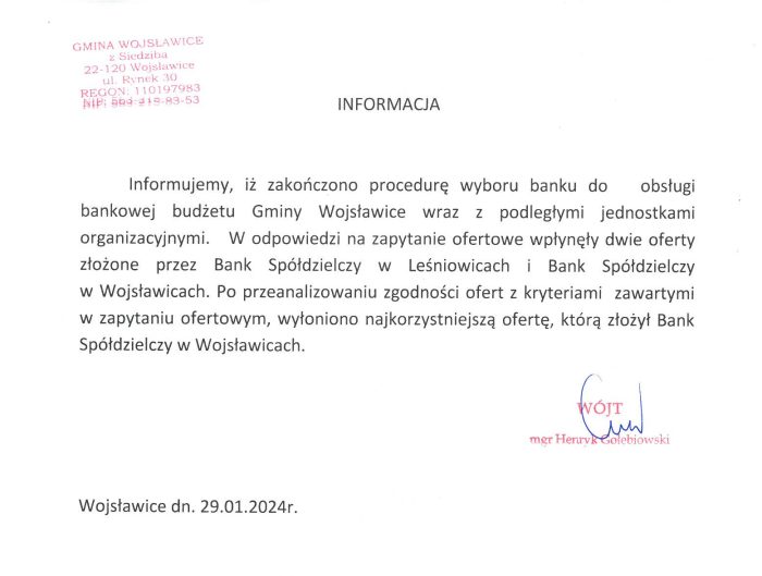 Miniaturka artykułu Informacja o wyborze banku do obsługi Gminy Wojsławice