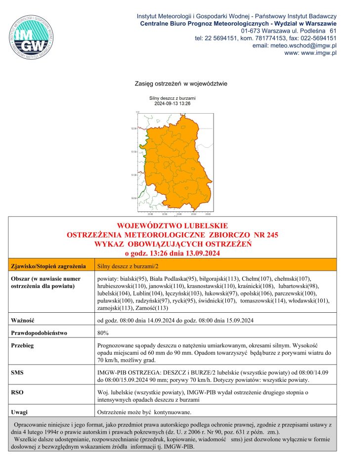 Miniaturka artykułu Ostrzeżenie meteorologiczne IMGW z dnia 13.09.2024 r.