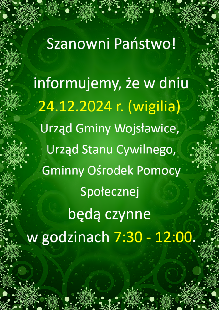 Miniaturka artykułu Informacja o skróconych godzinach pracy w wigilię (24.12.2024 r.)